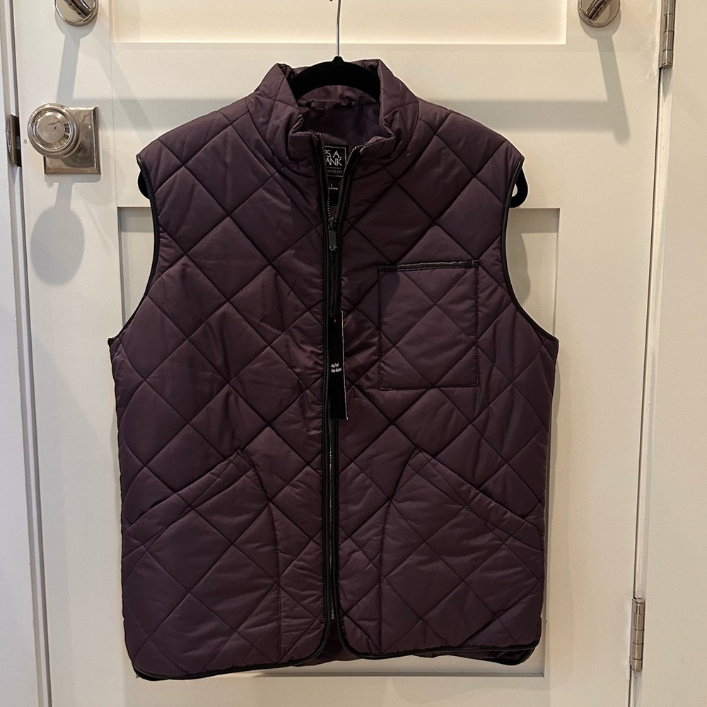 Men’s Jo’s A Bank eggplant purple quilted vest with vegan leather trim NWT sz L